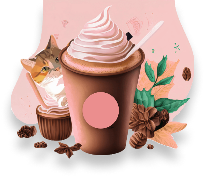 Logo do Meow Café - Ilustração de um gato deitado proximo a uma xícara de café